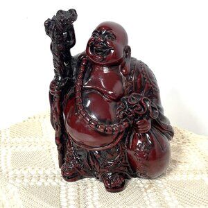 Wandering Laughing Buddha Statue – Mahogany Resin Budai Hotei Figurine VTG